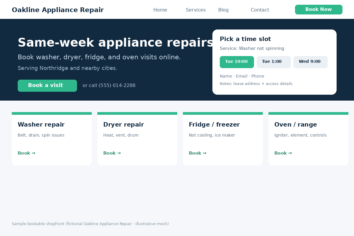 Sample bookable appliance repair website homepage for Oakline Appliance Repair with Book Now, time-slot booking panel, and washer/dryer/fridge/oven service cards