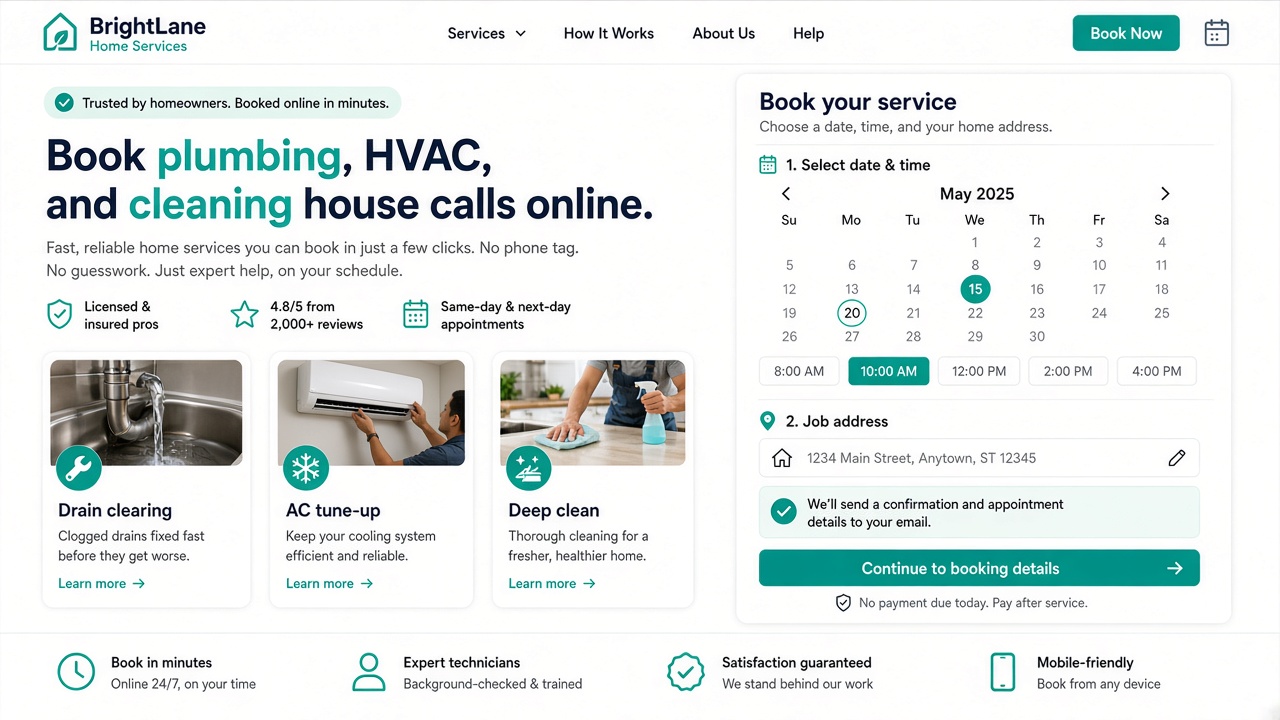 Sample bookable home services website homepage for BrightLane Home Services with Book Now, house-call booking panel, and multi-trade service cards