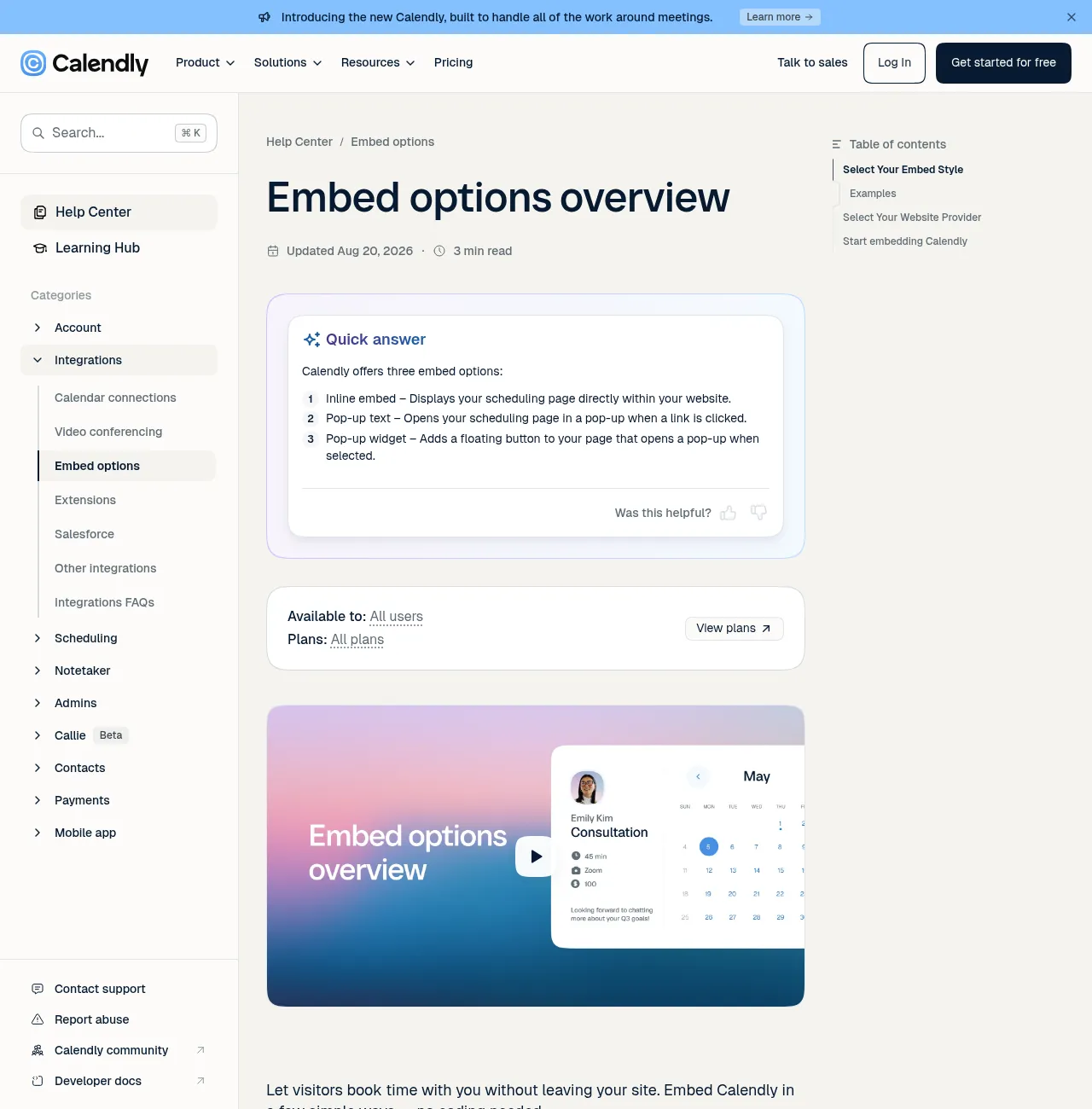 Calendly Help: inline embed, pop-up text, and pop-up widget options