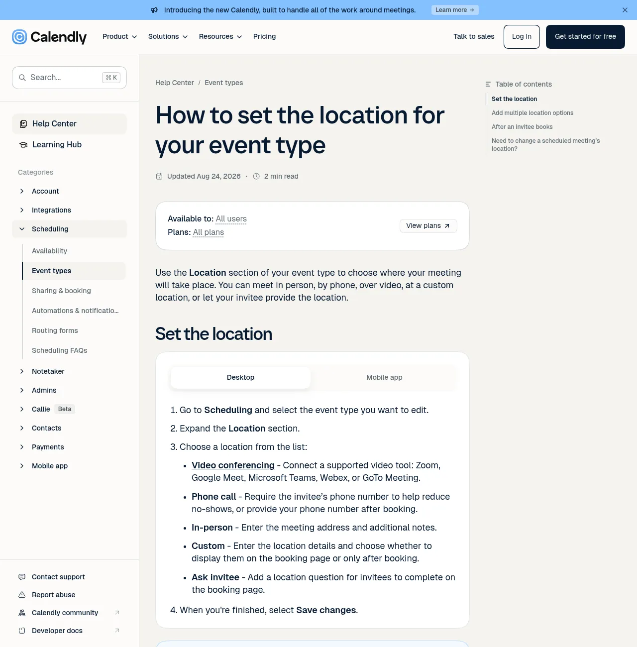 Calendly Help: location options including In-person and Ask invitee for house calls