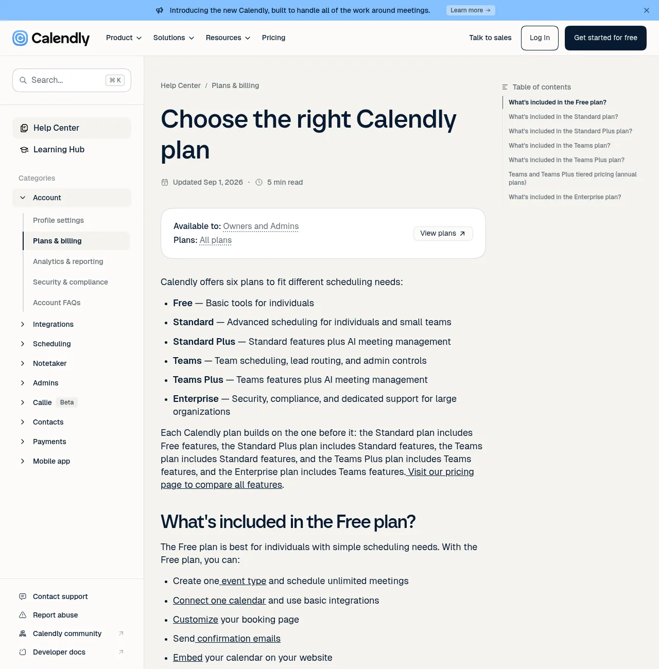 Calendly Help: Free, Standard, Teams, and Enterprise plan feature summary