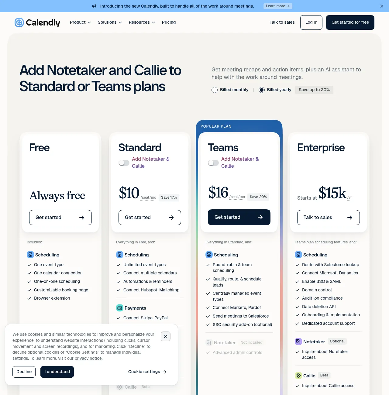 Calendly pricing page: Free, Standard, Teams, and Enterprise (yearly billing)