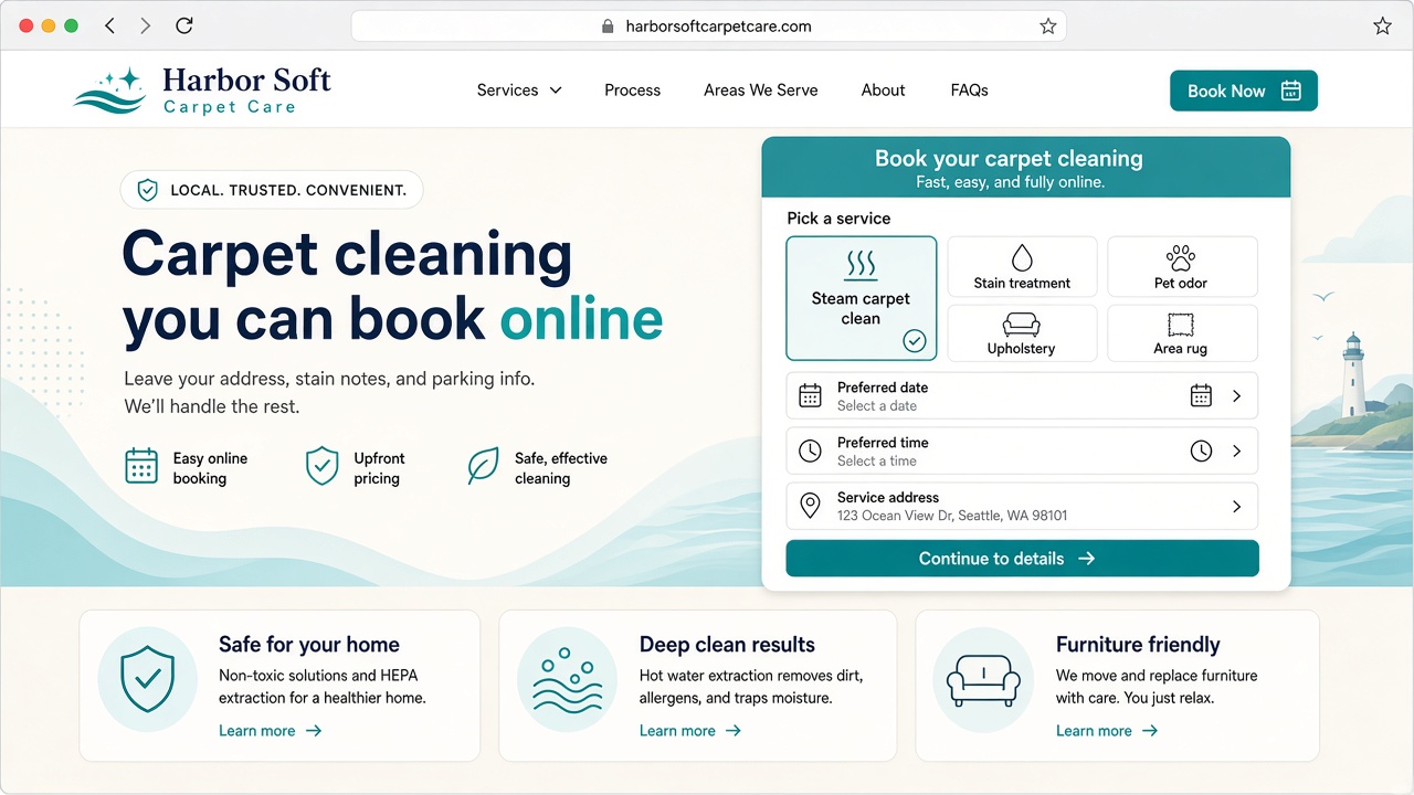 Sample bookable carpet cleaning website homepage for Harbor Soft Carpet Care with Book Now, house-call booking panel, and steam-clean/stain/upholstery/area-rug service cards