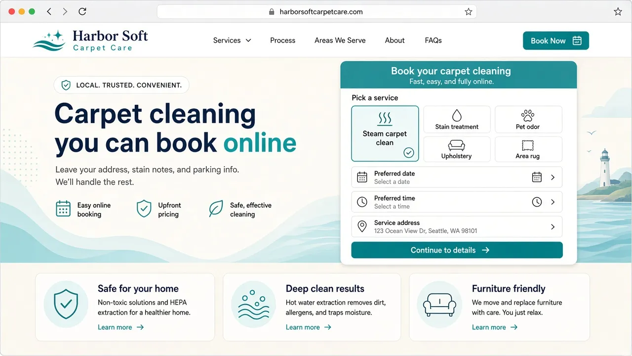 Sample bookable carpet cleaning website homepage for Harbor Steam Carpet Care with Book Now, house-call booking panel, and steam-clean/stain/upholstery/area-rug service cards