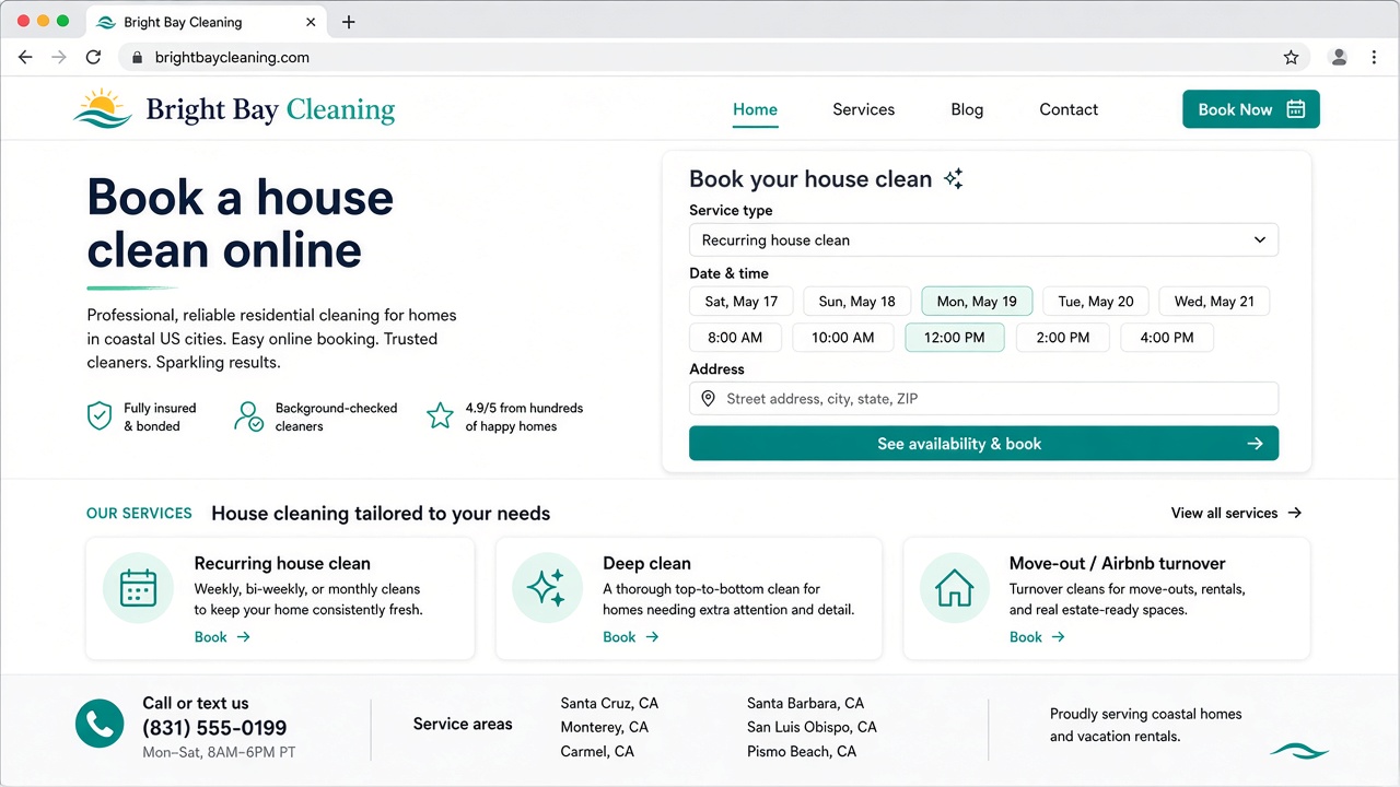Sample bookable cleaning business website homepage for Bright Bay Cleaning with Book Now, house-call booking panel, and recurring/deep/move-out service cards