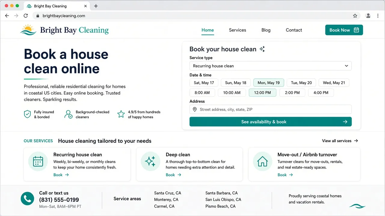 Sample bookable cleaning business website homepage for Bright Bay Cleaning with Book Now, house-call booking panel, and recurring/deep/move-out service cards