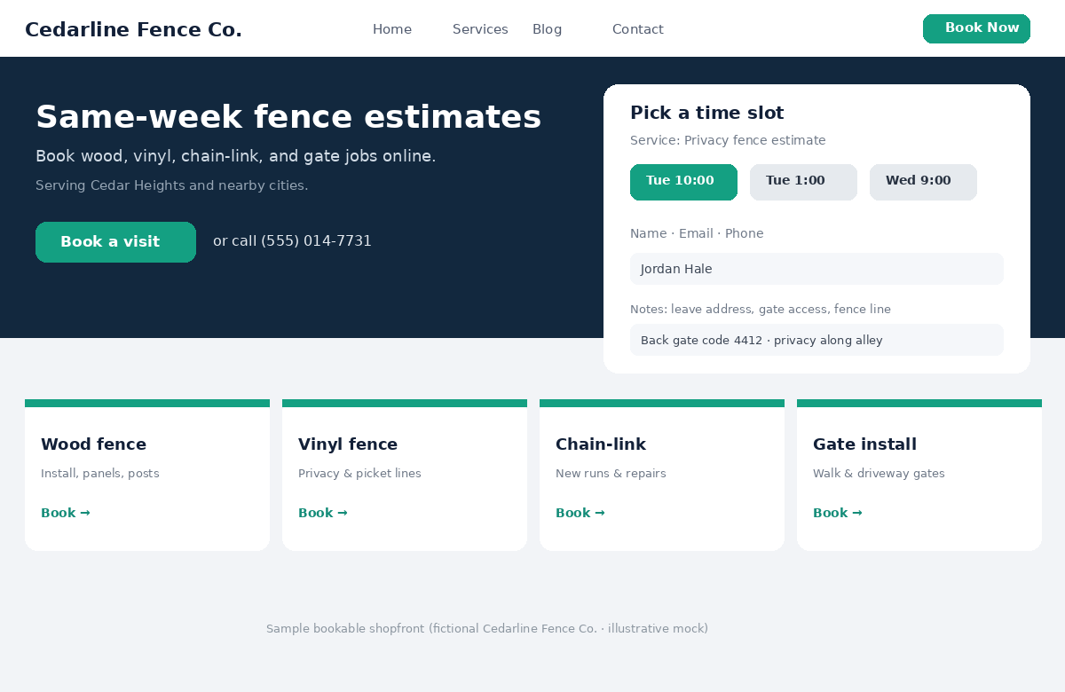 Sample bookable fence company website homepage for Cedarline Fence Co. with Book Now, time-slot booking panel, and wood/vinyl/chain-link/gate service cards