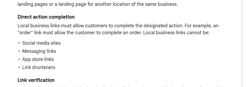 Google policy: booking links cannot be social, messaging, app store, or shorteners