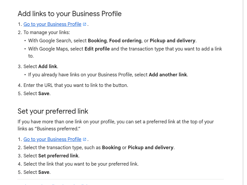 Google Help steps for adding a Booking link from Search or Maps