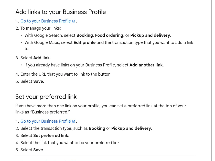 Google Help steps for adding a Booking link from Search or Maps