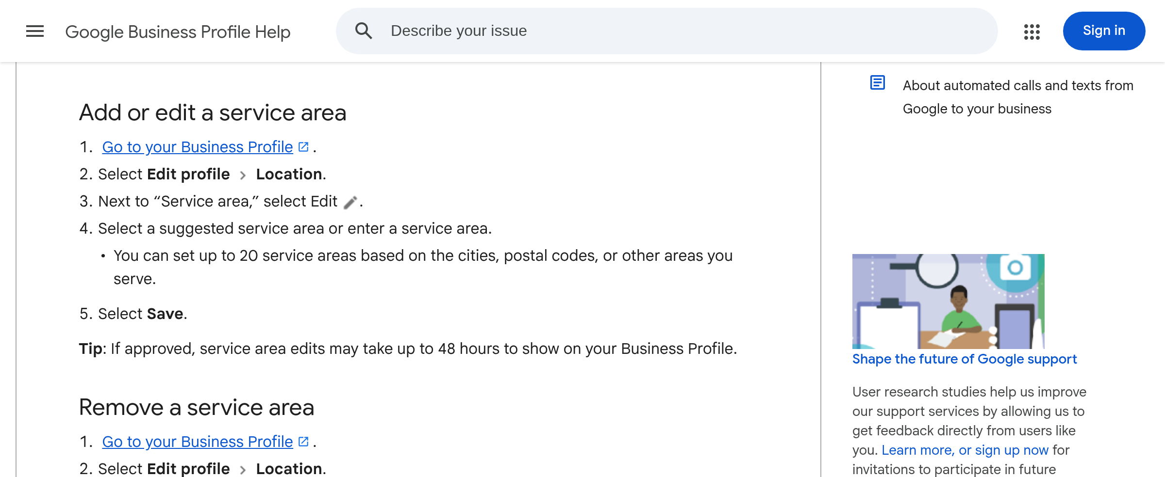 Google Business Profile Help: Add or edit a service area. Edit profile, Location, then up to 20 cities or postal codes.