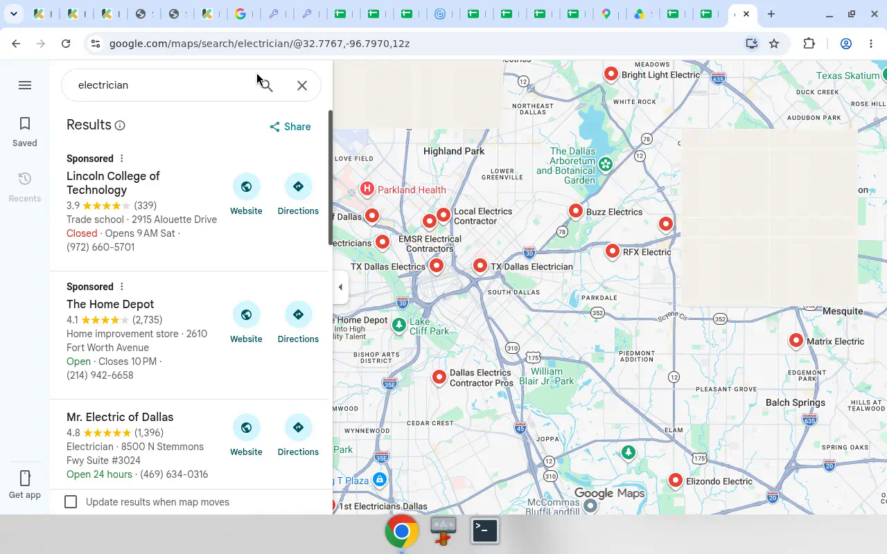 Google Maps electrician search in Dallas with Website actions on listings