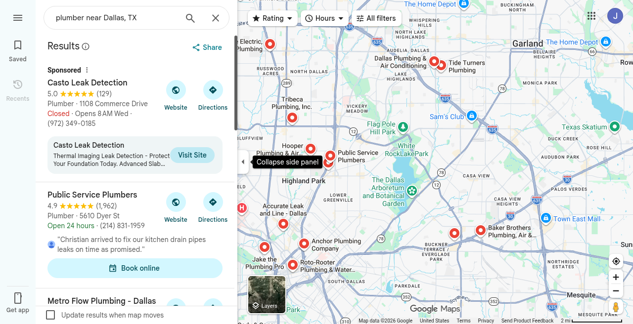 Google Maps search results for plumber near Dallas TX with listing pins