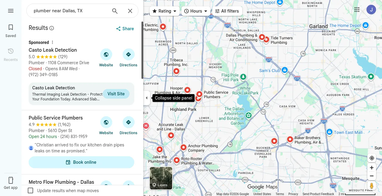 Google Maps search results for plumber near Dallas TX with listing pins