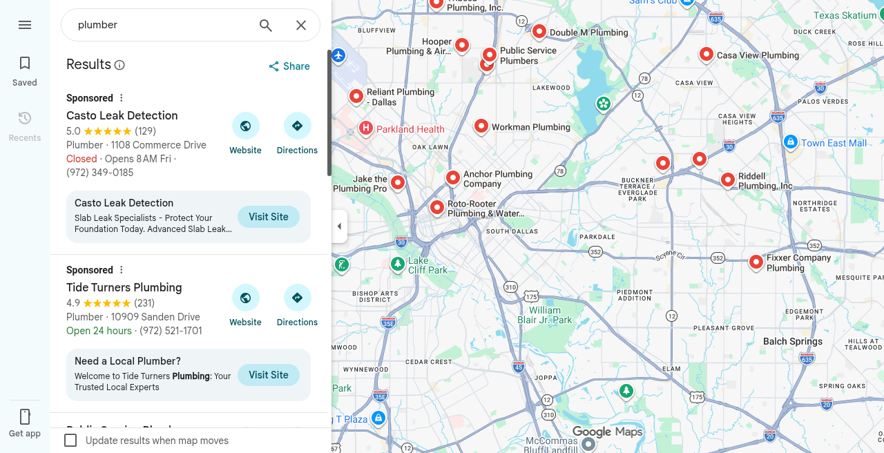 Google Maps plumber search in Dallas with Website and Visit Site actions on sponsored listings