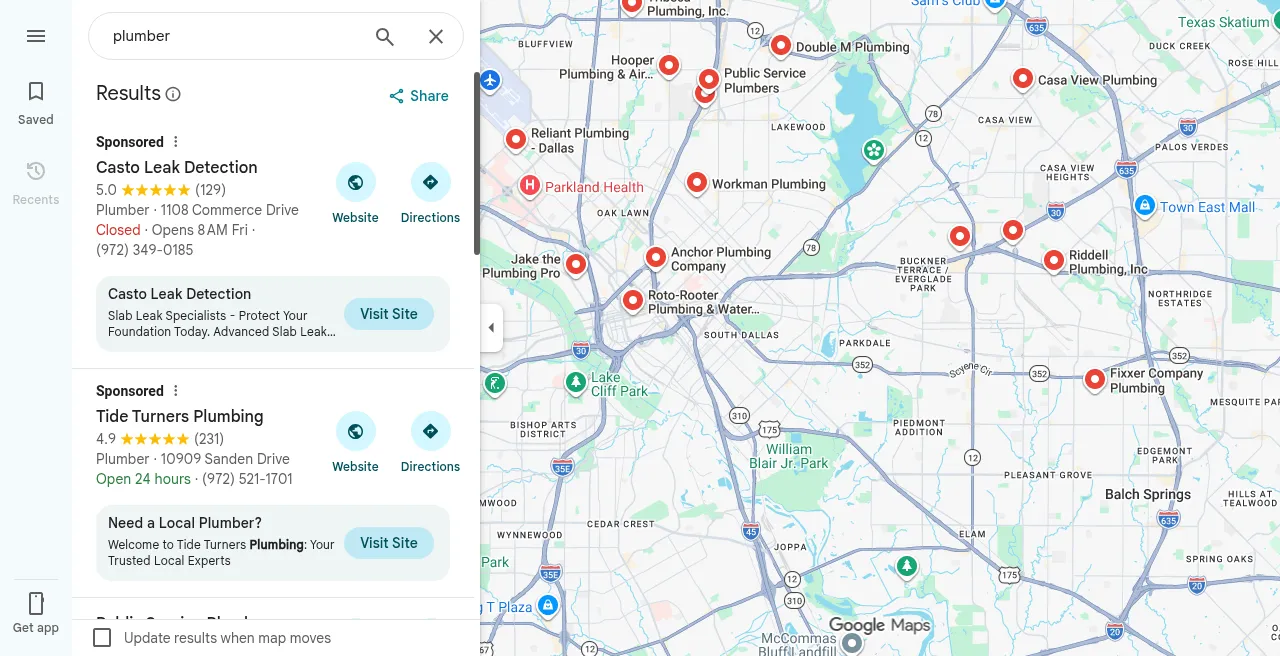 Google Maps plumber search in Dallas with Website and Visit Site actions on sponsored listings
