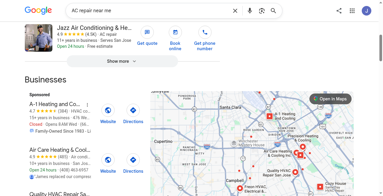 Google Search results for AC repair near me showing local business listings and map pins