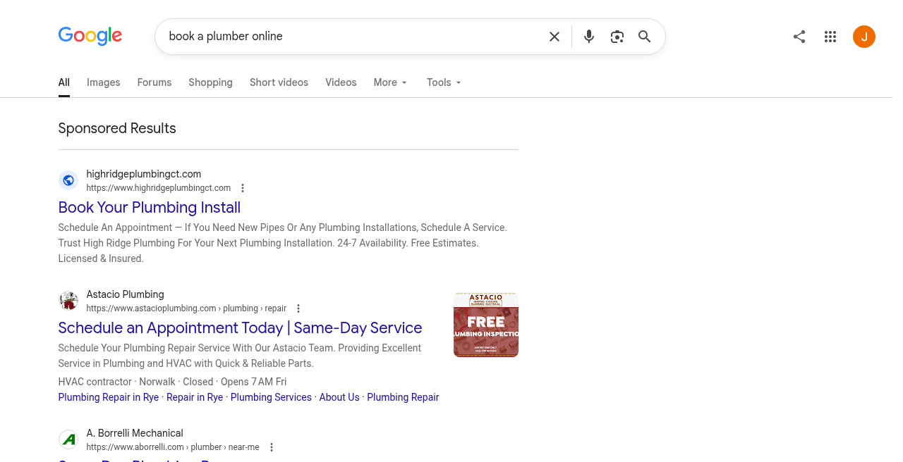 Google Search results for “book a plumber online” showing Sponsored Results with Book/Schedule appointment ads
