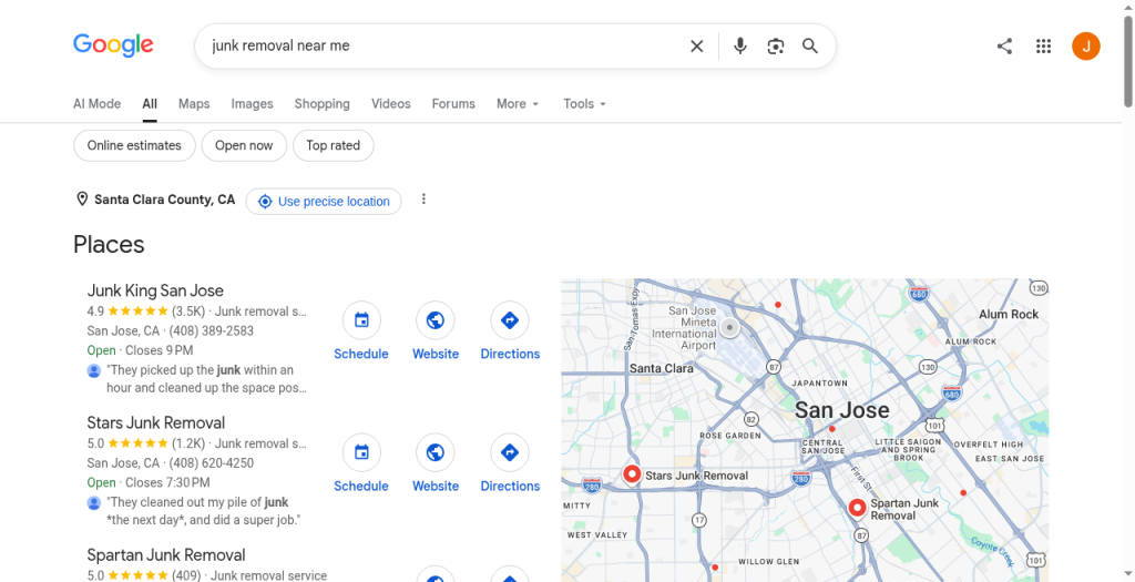 Google Search local results for “junk removal near me” showing Schedule and Website actions