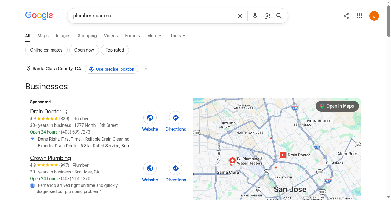 Google Search local results for “plumber near me” showing Website and Directions actions on home services listings