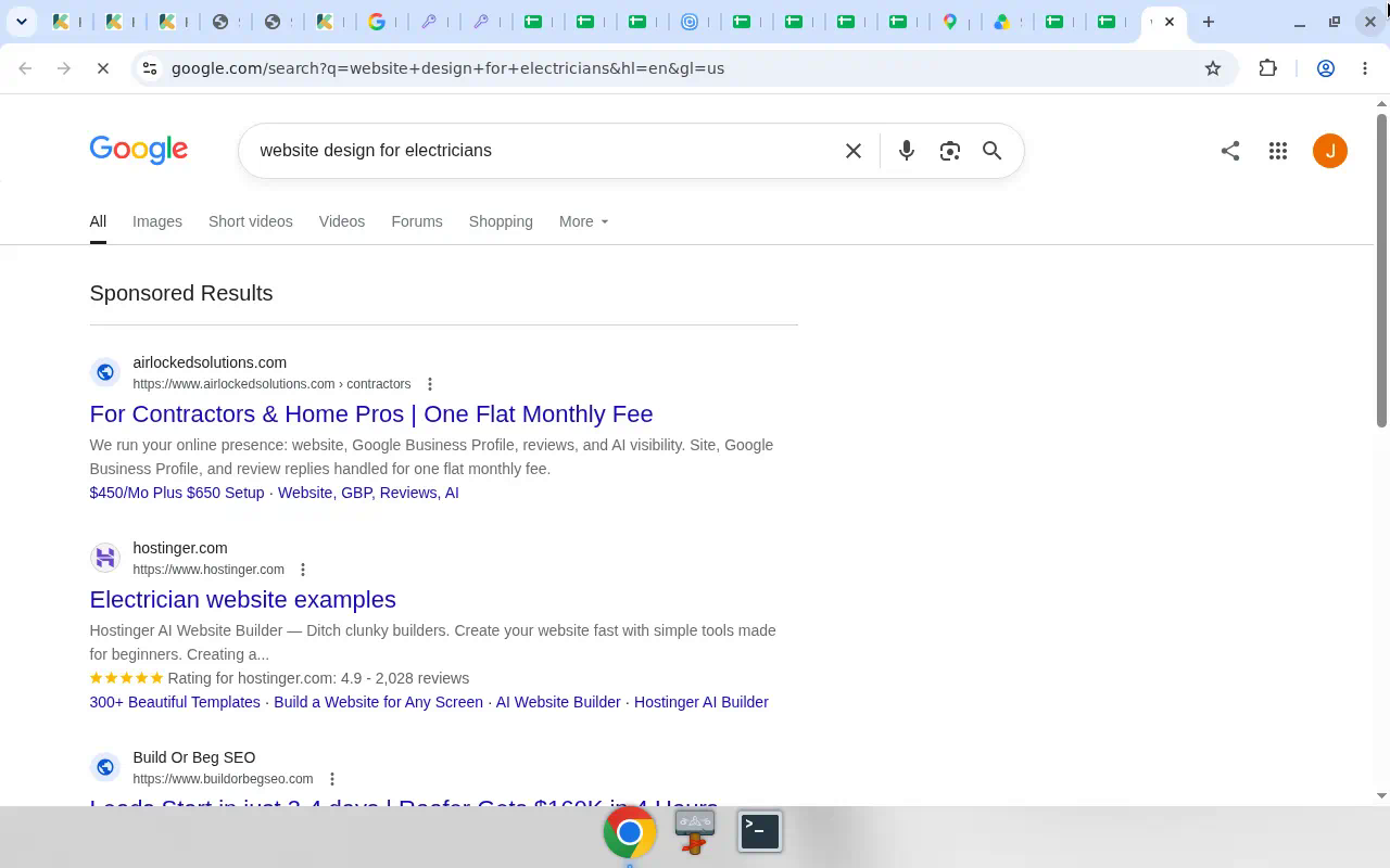 Google Search results for “website design for electricians”