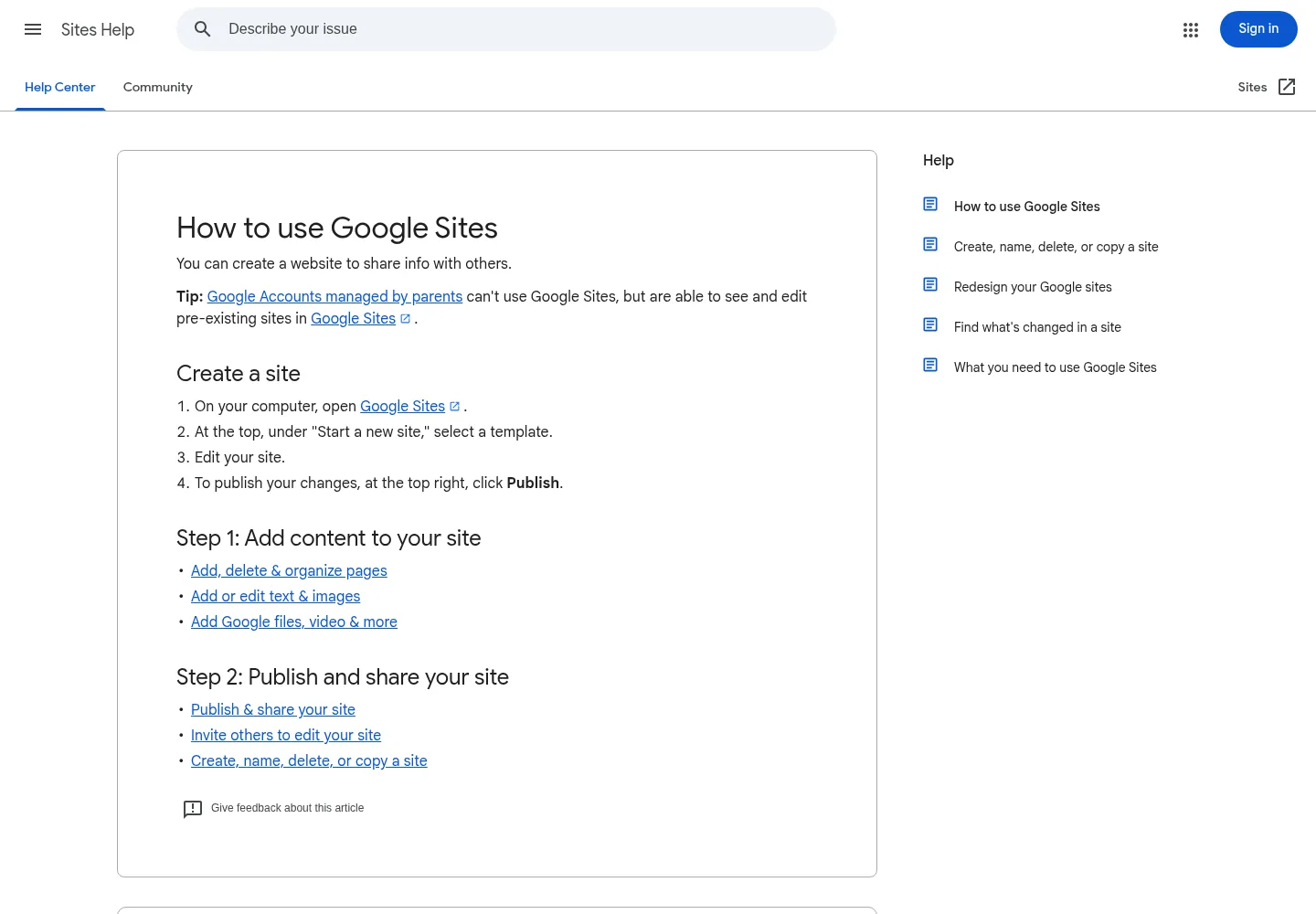 Google Sites Help: create a site for personal or business use