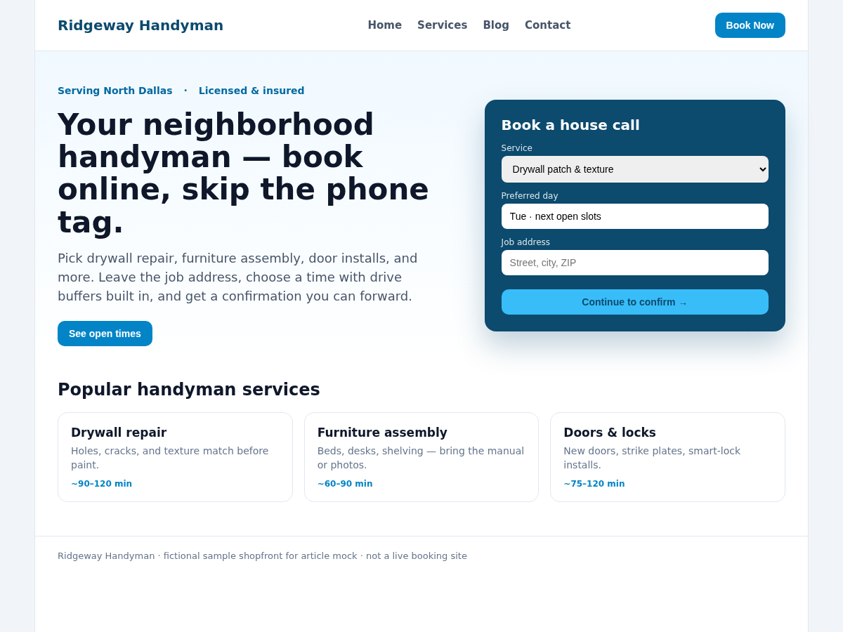 Sample bookable handyman website homepage for Ridgeway Handyman with Book Now, house-call booking panel, and drywall/furniture/door service cards