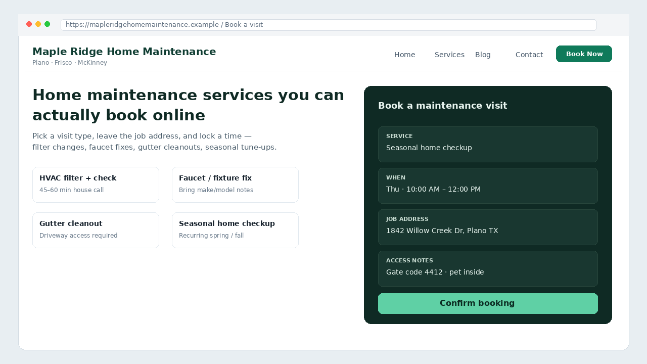 Sample bookable home maintenance website homepage for Maple Ridge Home Maintenance with Book Now, house-call booking panel, and filter/faucet/gutter/seasonal service cards