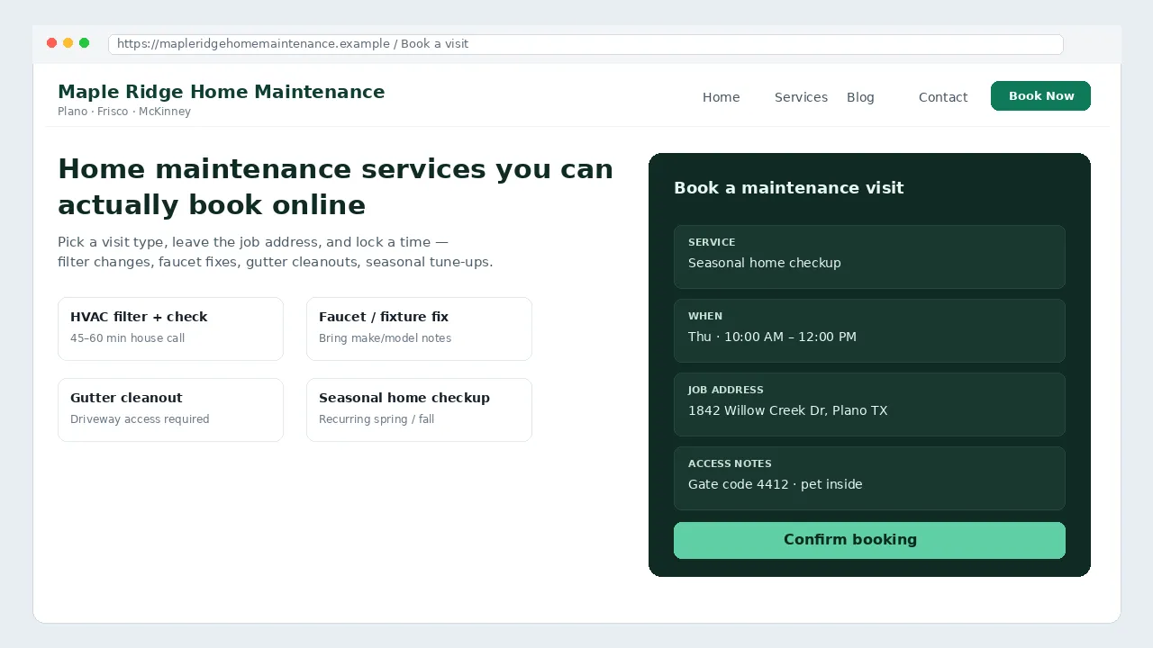 Sample bookable home maintenance website homepage for Maple Ridge Home Maintenance with Book Now, house-call booking panel, and filter/faucet/gutter/seasonal service cards