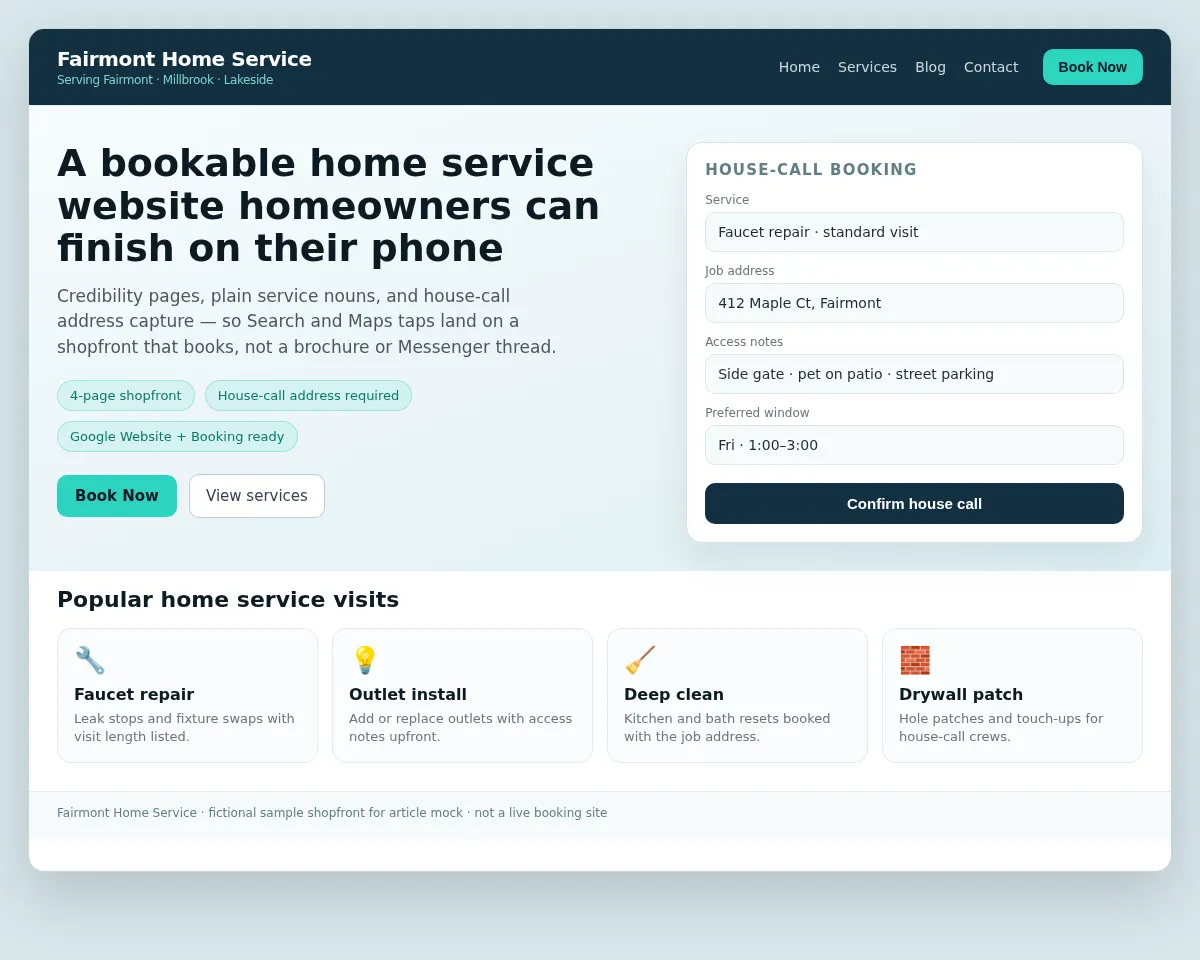 Sample bookable home service website homepage for Fairmont Home Service with Book Now, house-call booking panel, and faucet/outlet/clean/drywall service cards