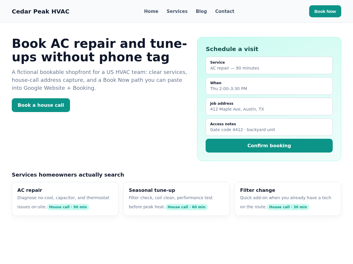 Sample bookable HVAC website homepage for Cedar Peak HVAC with Book Now, house-call booking panel, and AC repair/tune-up/filter service cards