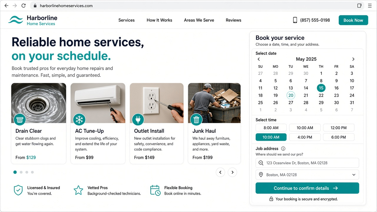 Sample bookable Harborline Home Services website with Book Now, service cards, and house-call booking panel