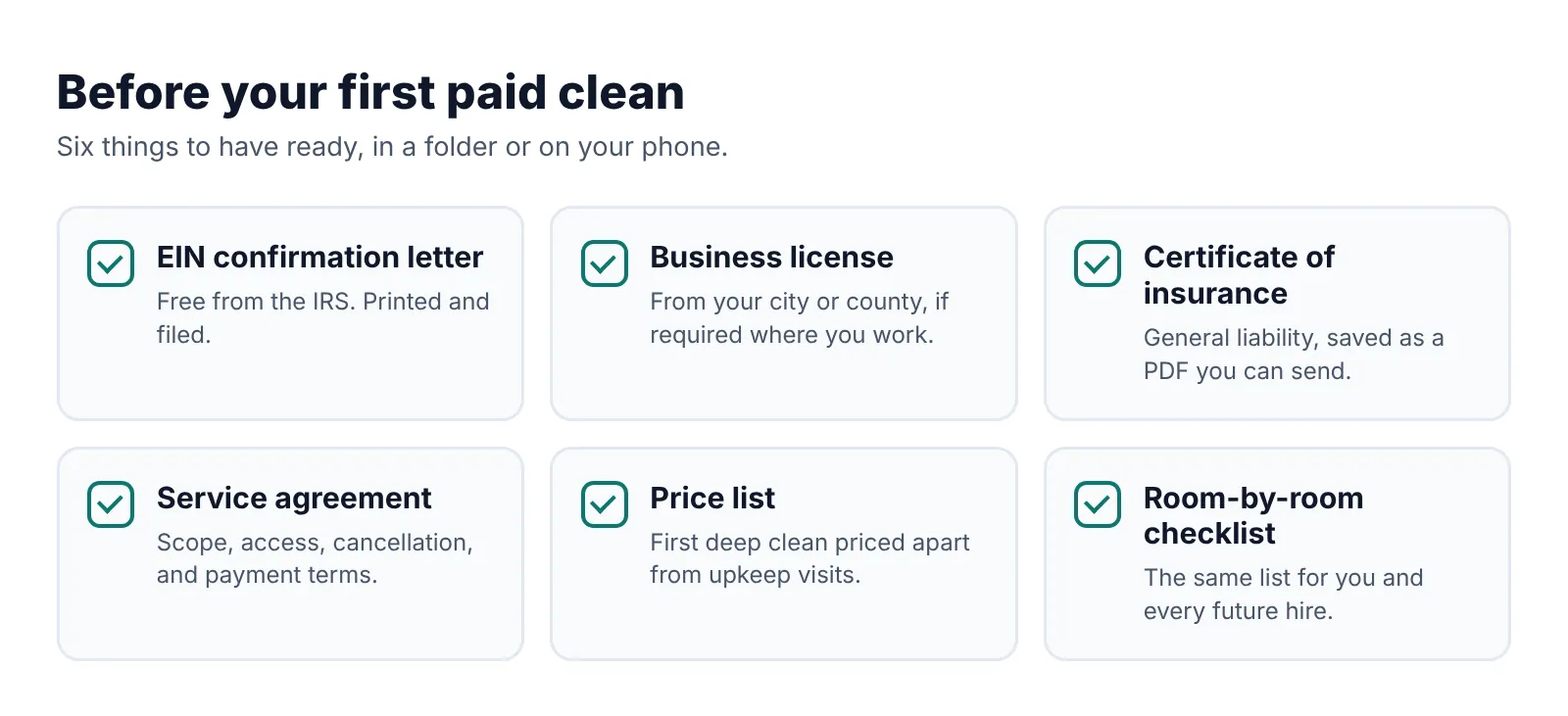 Checklist of six items to have before your first paid clean: EIN letter, business license, insurance certificate, agreement, price list, room checklist