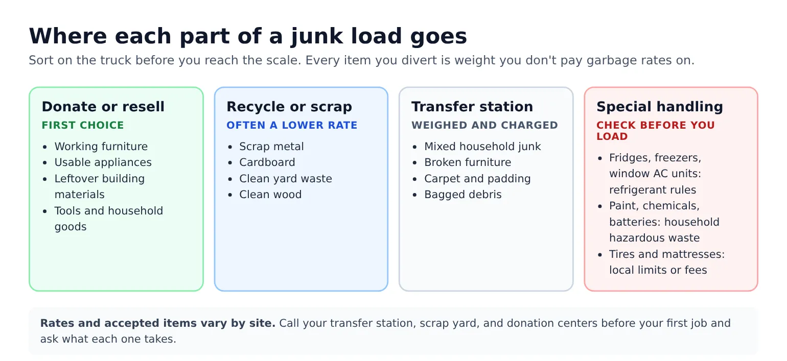 Where each part of a junk load goes: donate or resell, recycle or scrap, transfer station, or special handling for fridges and chemicals