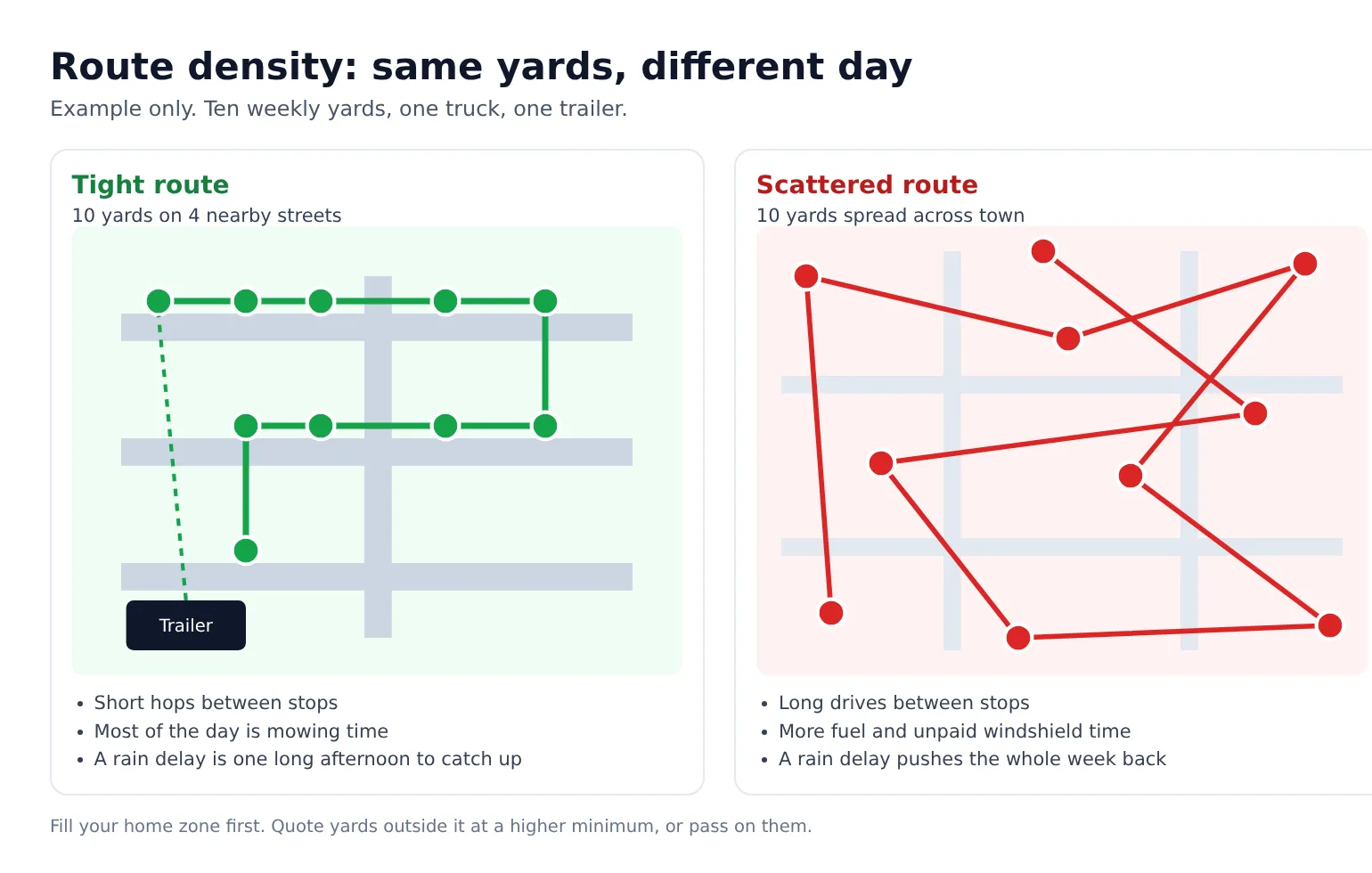 Route density comparison: ten example yards on four nearby streets with short hops versus ten yards scattered across town with long drives