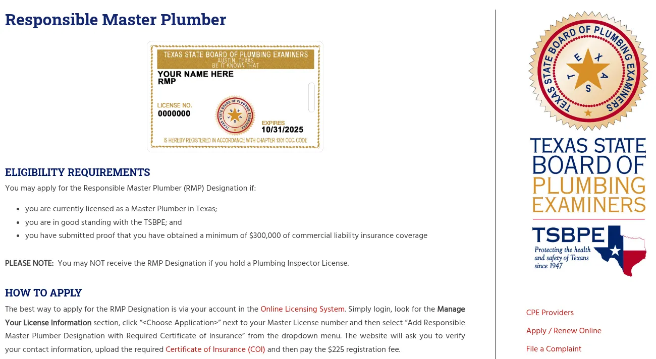 Texas State Board of Plumbing Examiners Responsible Master Plumber page showing eligibility rules and the $300,000 commercial liability insurance minimum