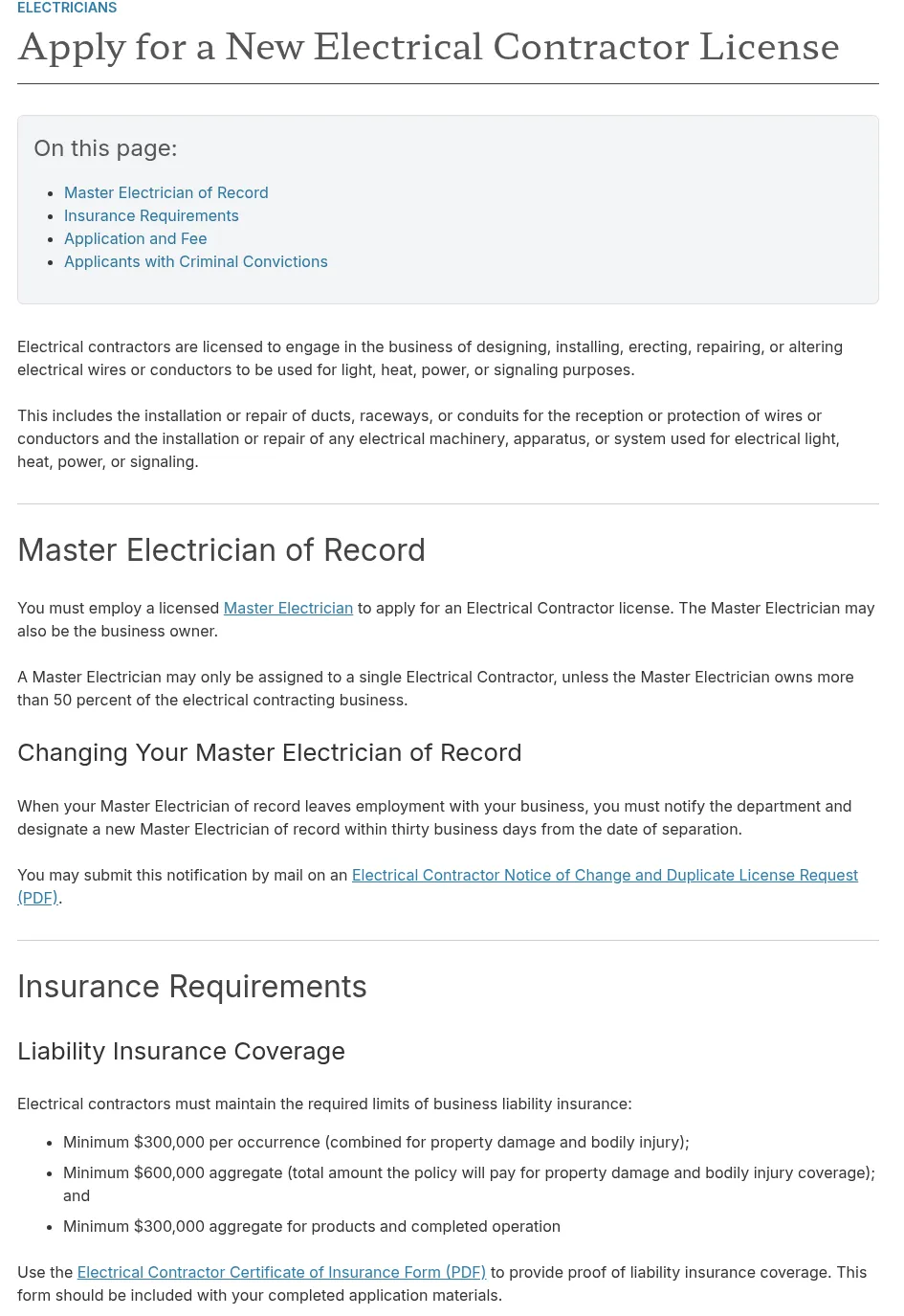 Texas TDLR page for applying for a new electrical contractor license, showing the Master Electrician of Record rule and liability insurance minimums
