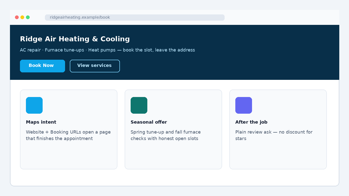 Sample HVAC marketing destination for Ridge Air Heating & Cooling with Book Now and Maps, seasonal, and review cards