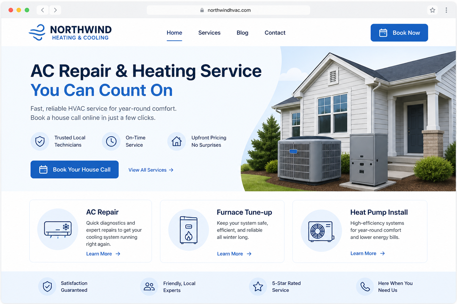 Sample bookable HVAC website homepage for Northwind Heating & Cooling with Book Now and AC repair service cards