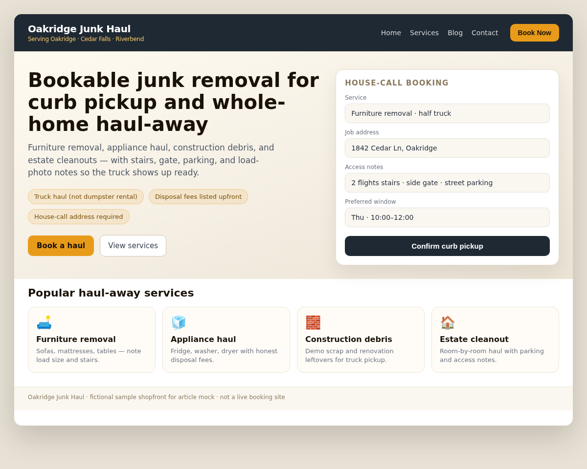 Sample bookable junk removal website homepage for Oakridge Junk Haul with Book Now, house-call booking panel, and furniture/appliance/debris/estate service cards