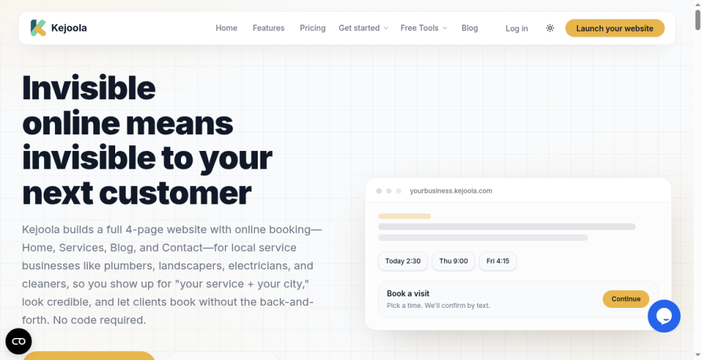 Kejoola homepage: 4-page bookable site for local trades with online booking