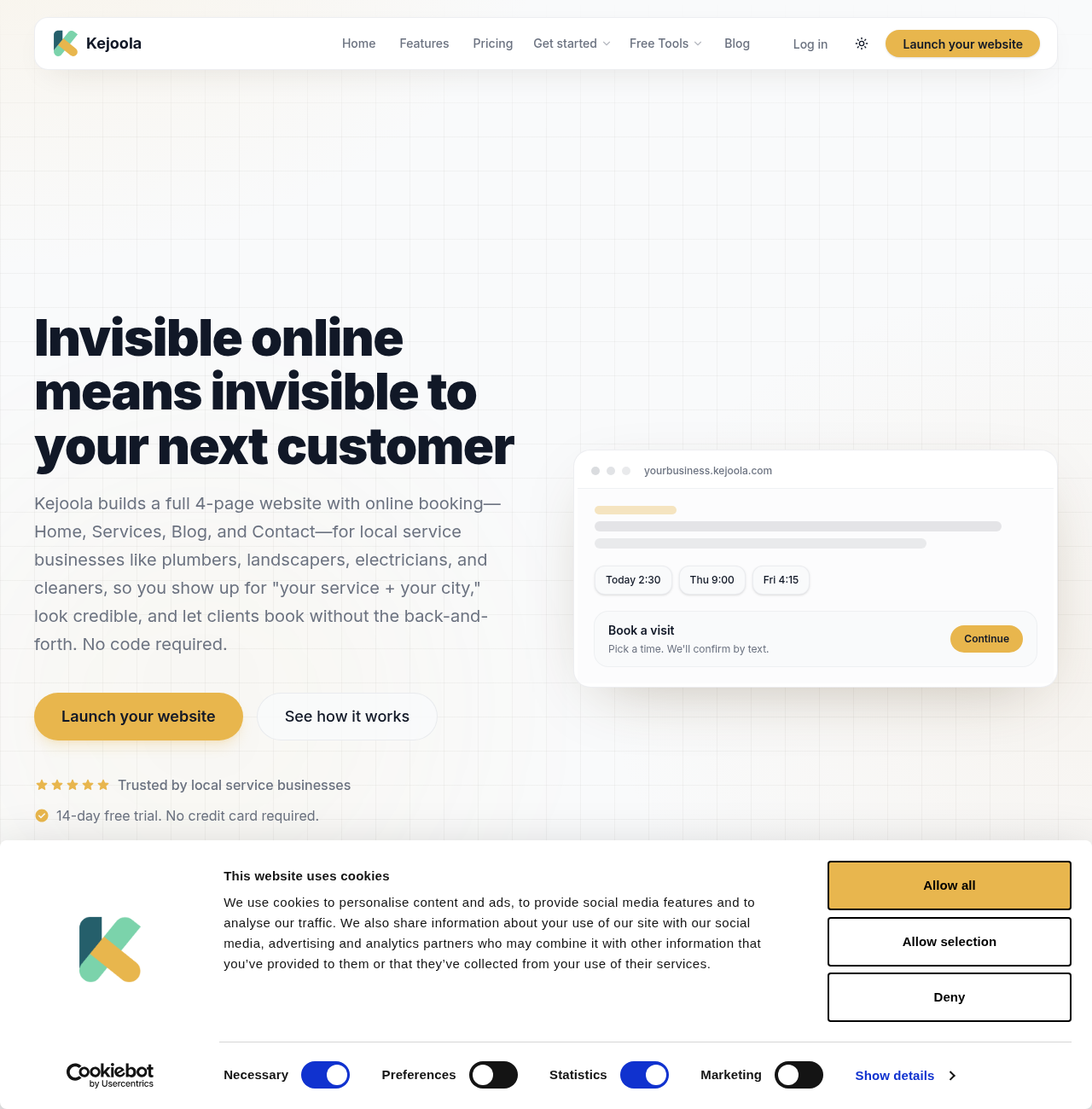Kejoola homepage: 4-page bookable site with online booking for local trades