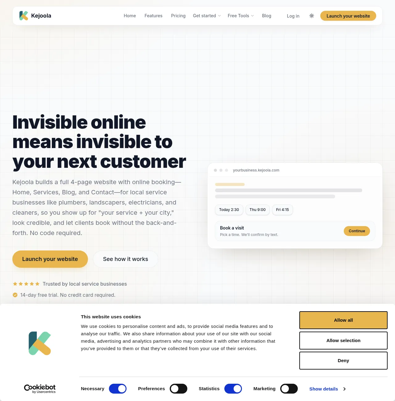 Kejoola homepage: 4-page bookable site with online booking for local trades