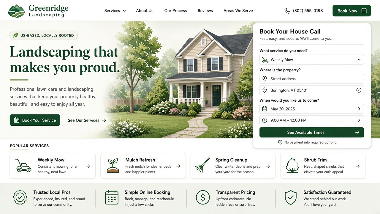 Sample bookable landscaping website homepage for Greenridge Landscaping with Book Now, house-call booking panel, and mowing/mulch/cleanup service cards