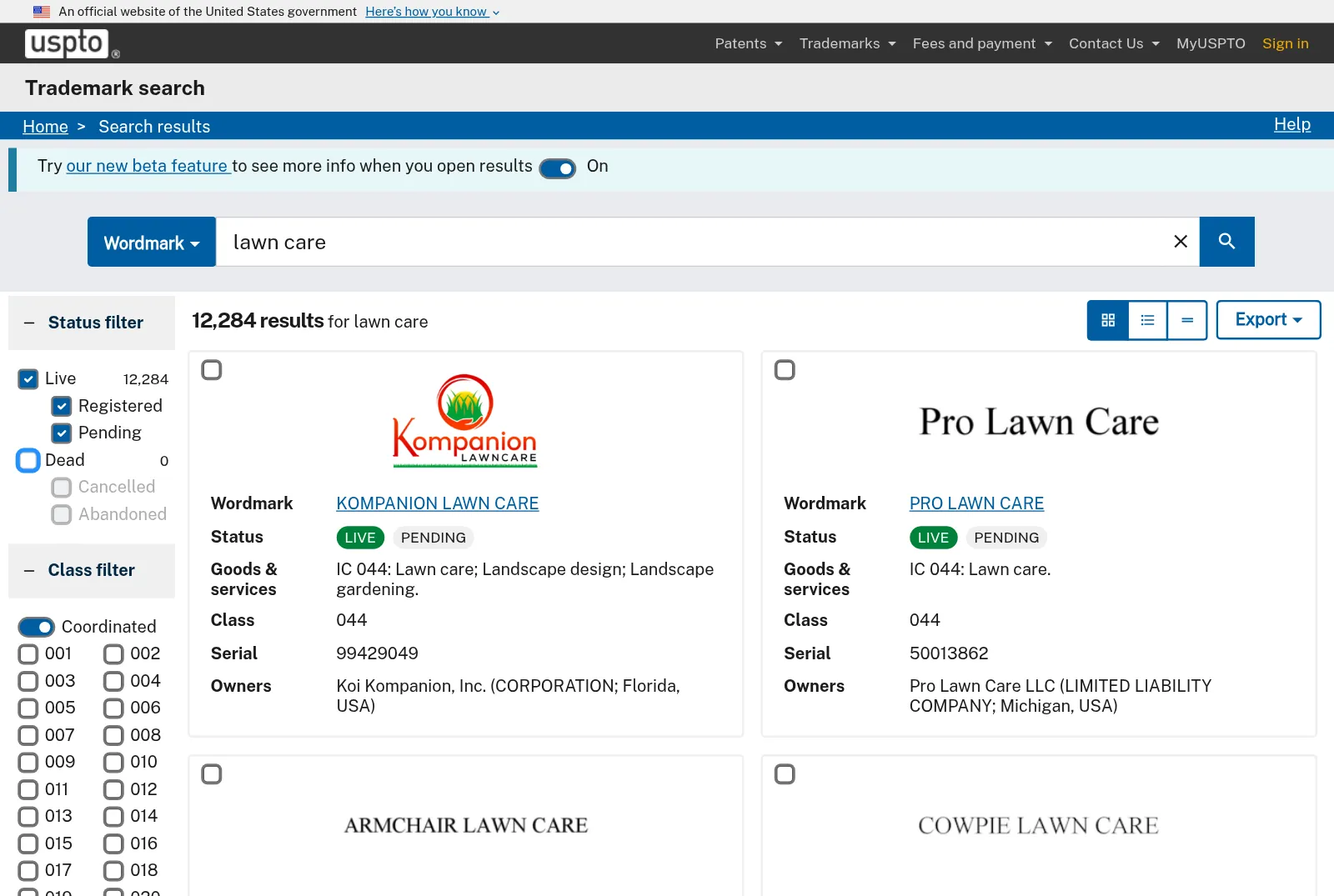USPTO trademark search results for lawn care with the Status filter set to Live and two marks listing lawn care services
