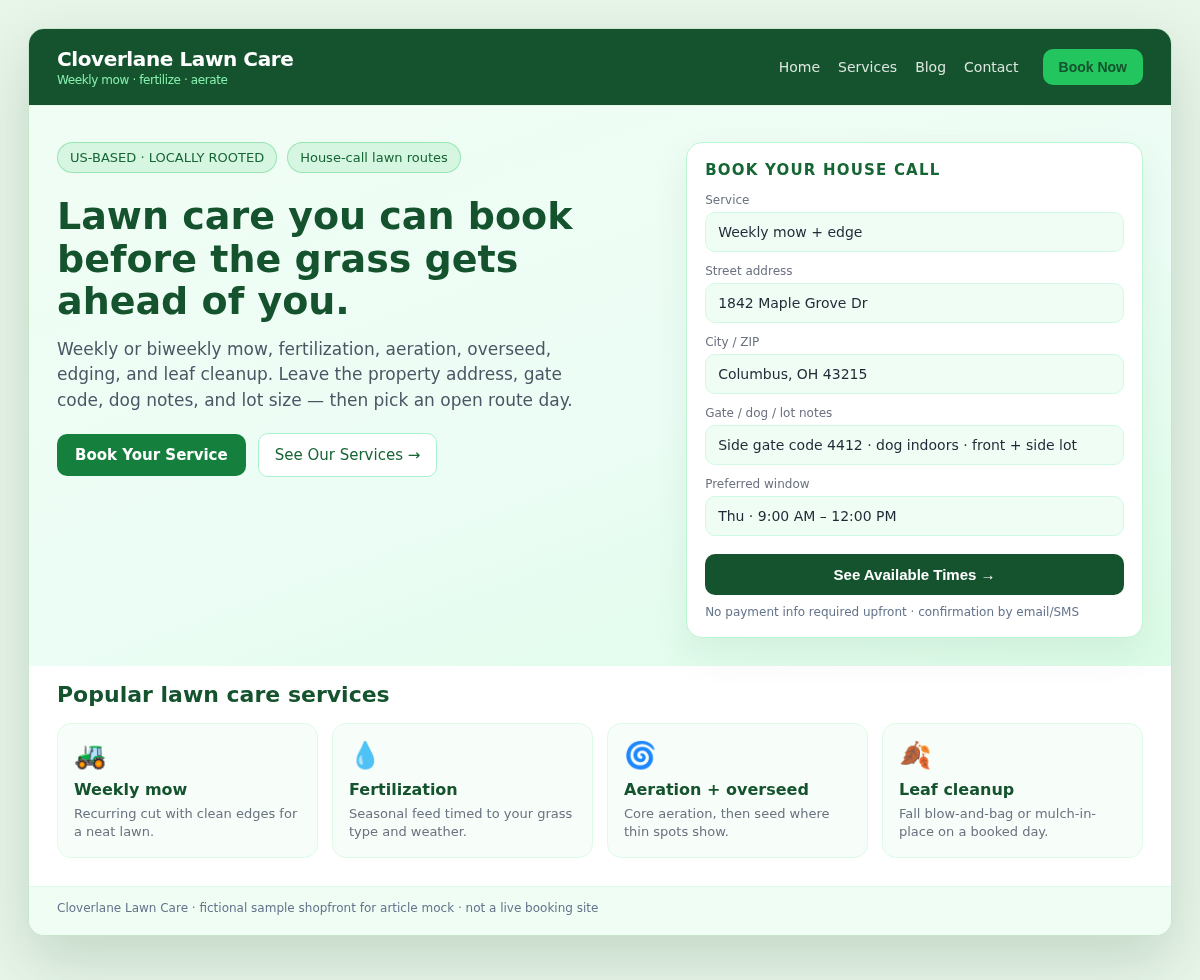 Sample bookable lawn care website homepage for Cloverlane Lawn Care with Book Now, house-call booking panel, and mow/fertilize/aerate service cards