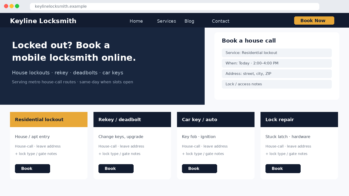 Sample bookable locksmith website homepage for Keyline Locksmith with Book Now, house-call booking panel, and lockout/rekey/car-key/lock-repair service cards
