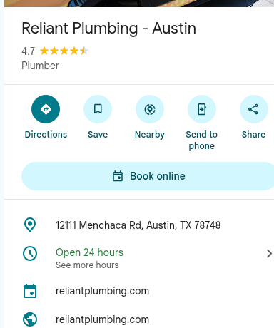 Book online button on the Google Maps listing for Reliant Plumbing in Austin