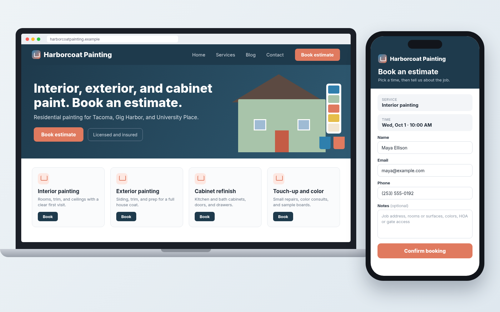 Sample bookable painting business website homepage for Harborcoat Painting with Book estimate, time-slot booking panel, and interior/exterior/cabinet/touch-up service cards
