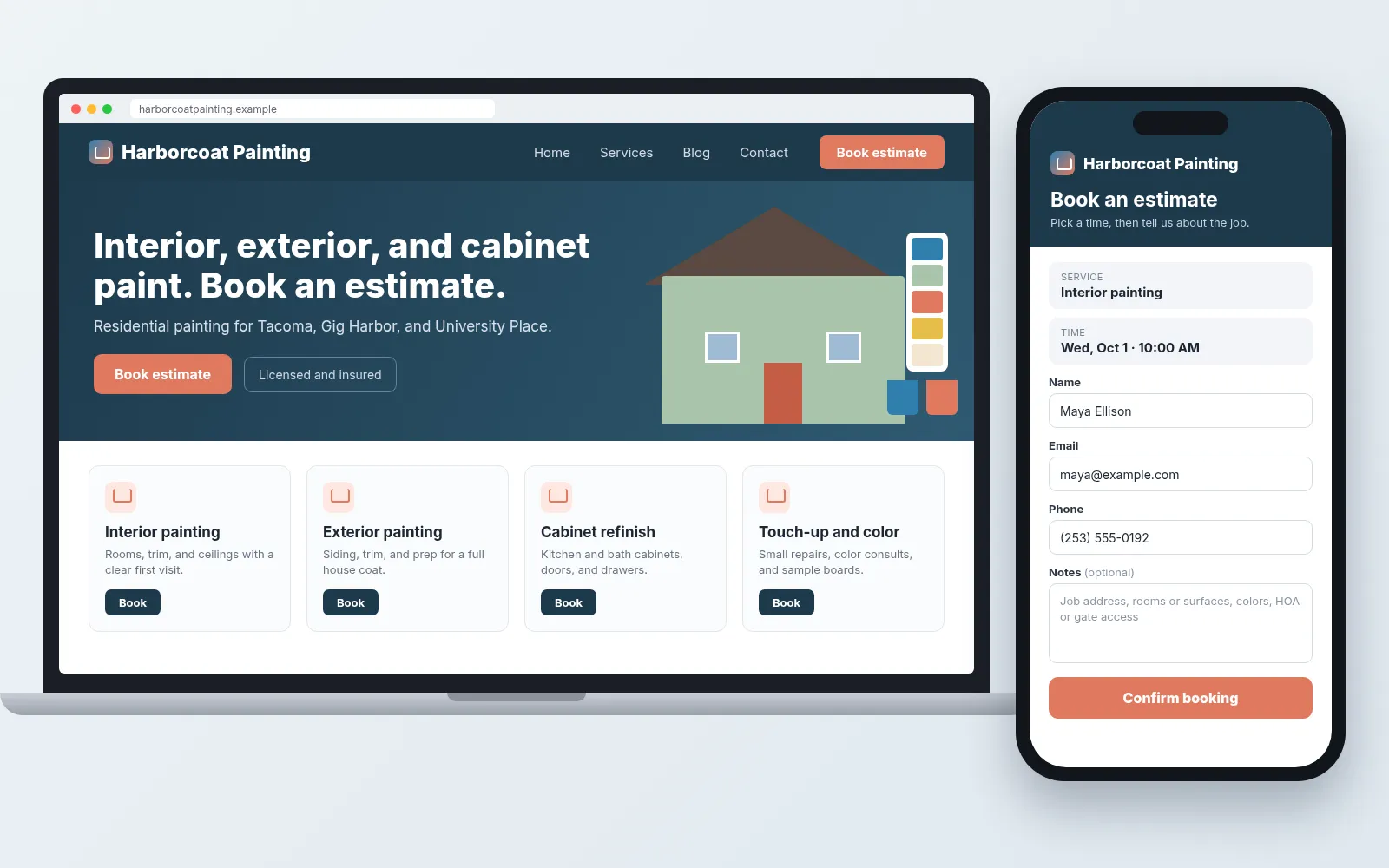 Sample bookable painting business website homepage for Harborcoat Painting with Book estimate, time-slot booking panel, and interior/exterior/cabinet/touch-up service cards